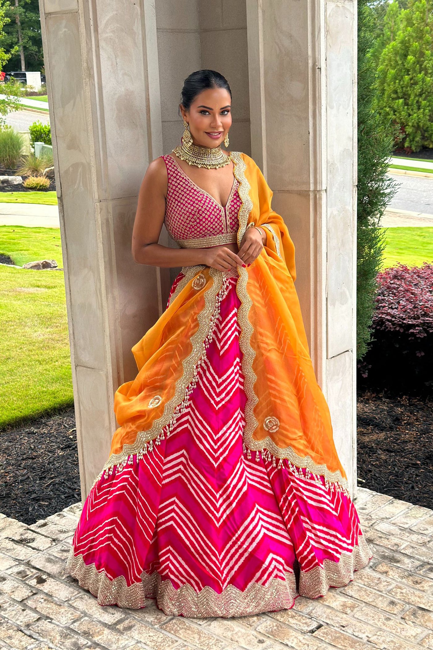 Leheriya Lehenga With Orange Organza Dupatta Set