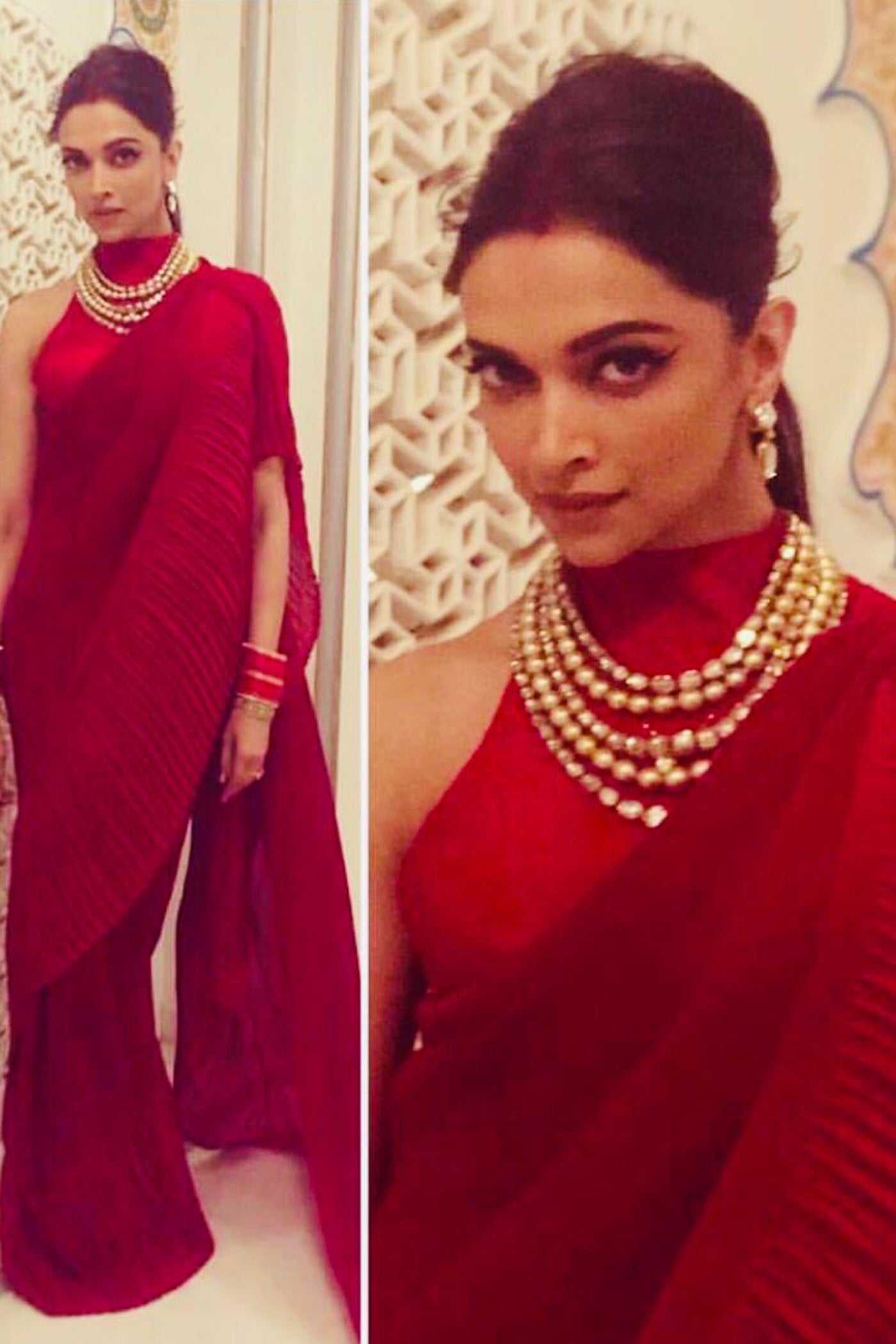 Red Pleated Italian Silk Pre-Stitched Saree