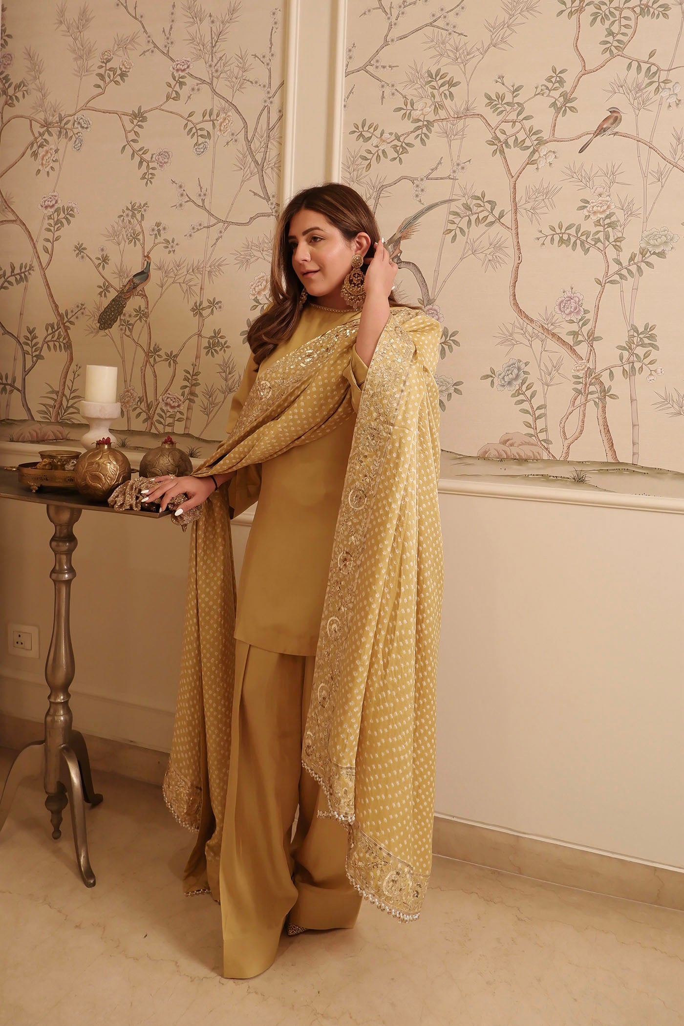 Olive Green Dupion Farsi Silk Kurta Set With Bandhani Dupatta