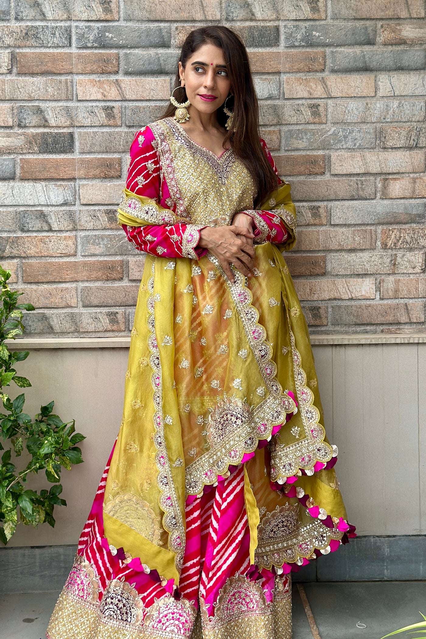 Red And Pink Silk Leheriya Sharara Set With Mustard Green Organza Dupatta