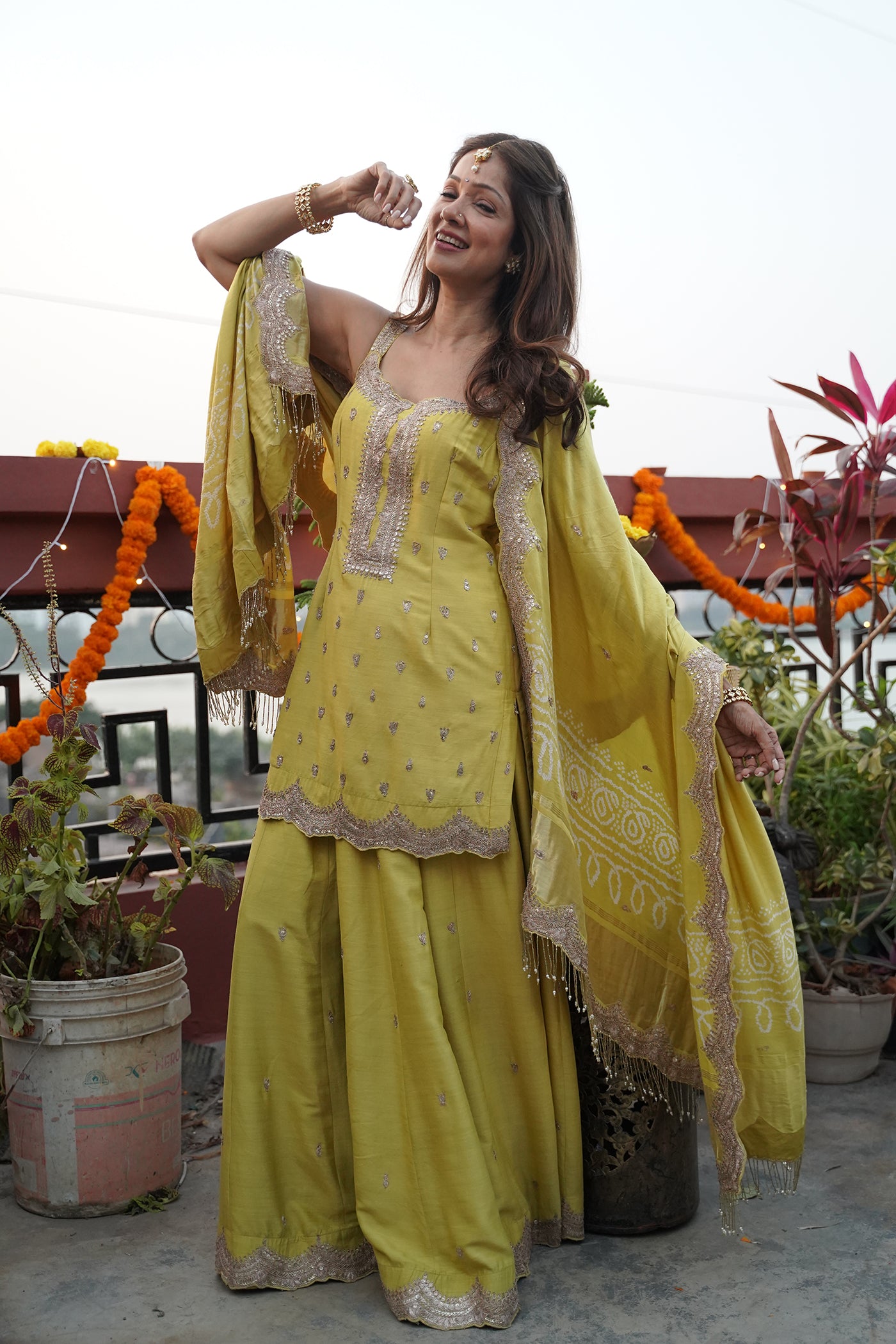 GREEN TUSER SILK MARODI GOTA WORK SHARARA SET