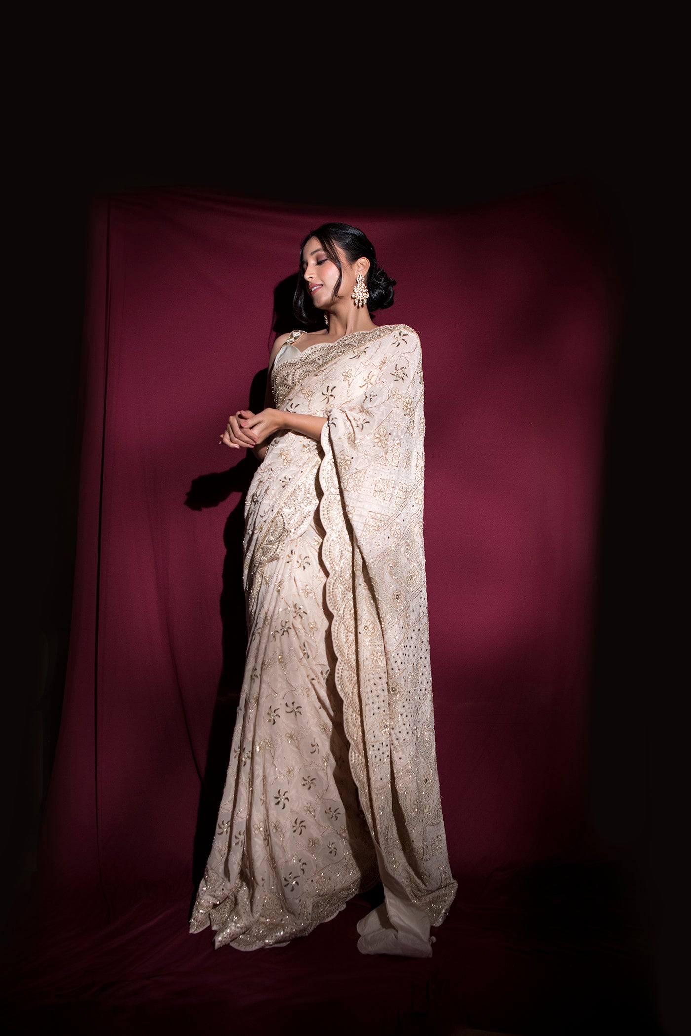 Ivory Embroidered Chikankari Saree