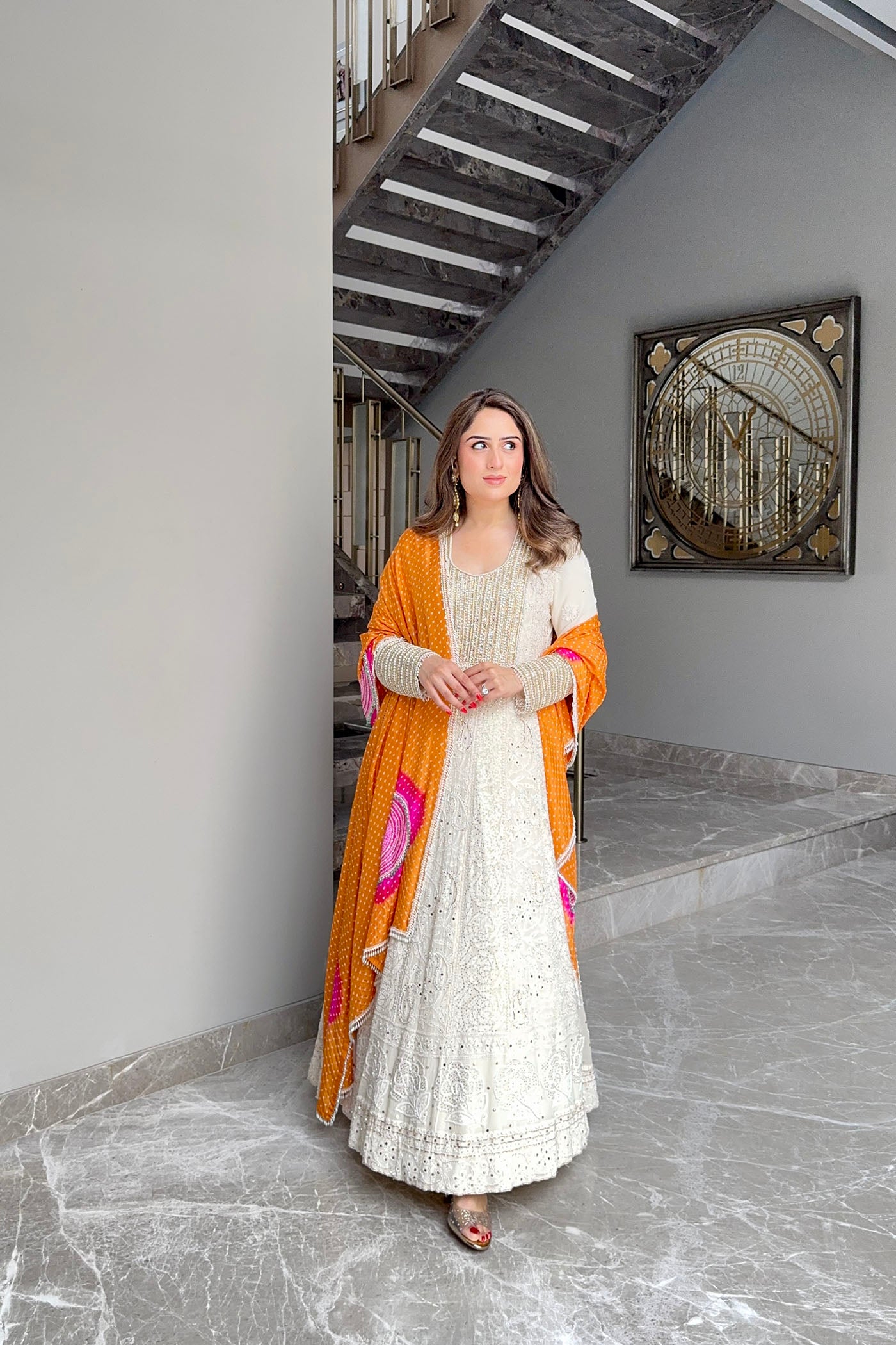 Ivory Chikankari Mukaish Anarkali Set With Orange Bandhani Dupatta