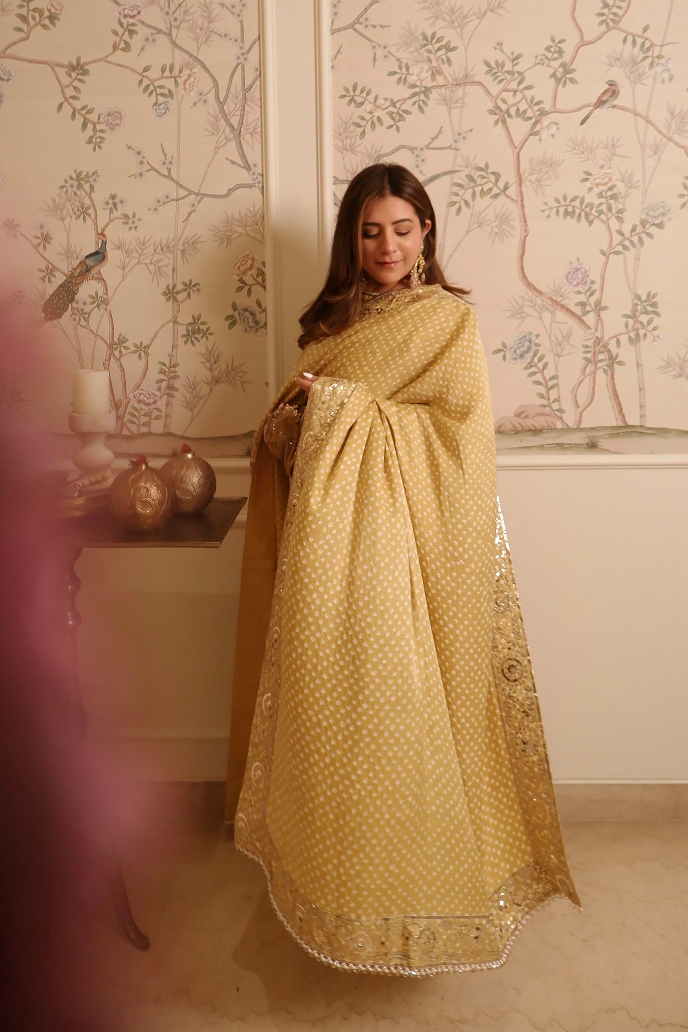 Olive Green Dupion Farsi Silk Kurta Set With Bandhani Dupatta