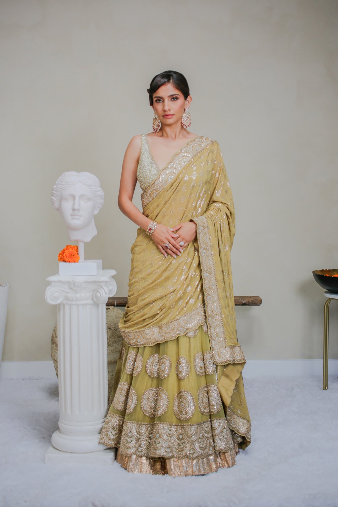 Green Crushed Net Lehenga Saree Set