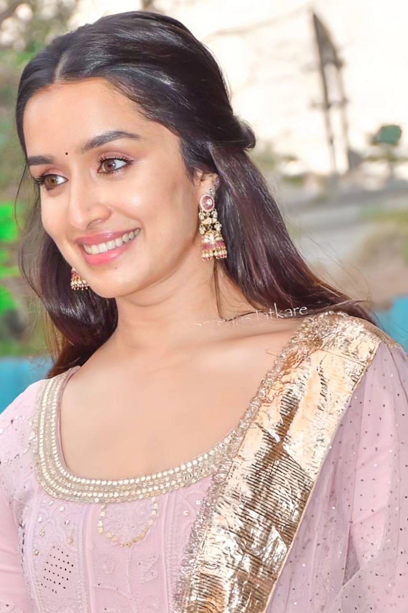 Blush Pink Chikan anarkali Set with net mukaish Dupatta