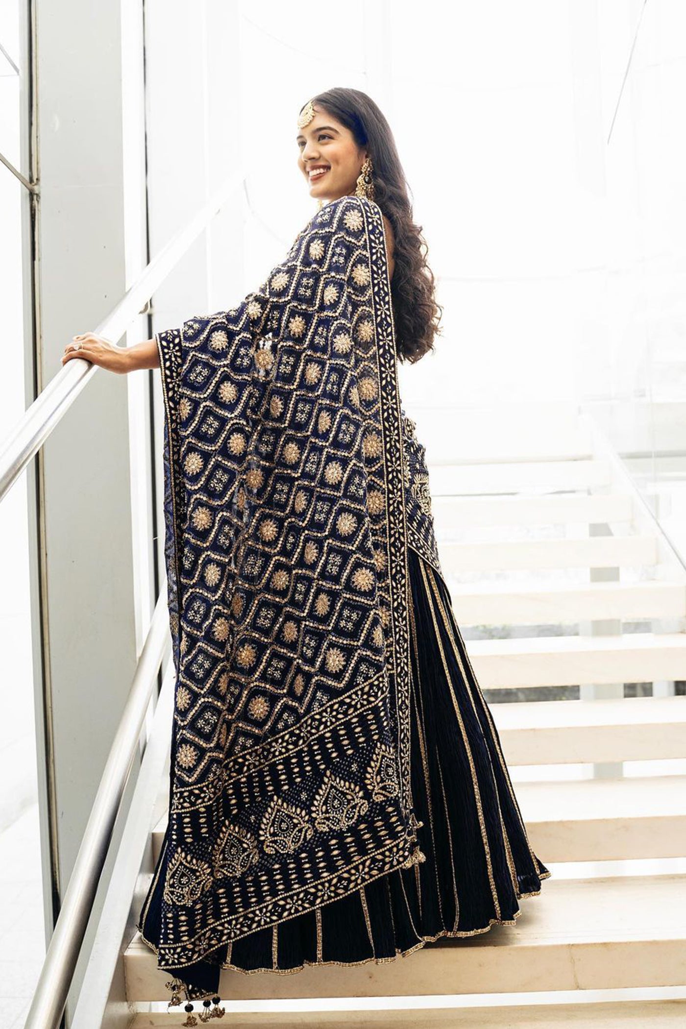 Dark Navy Blue Crushed Silk Lehenga Saree Set