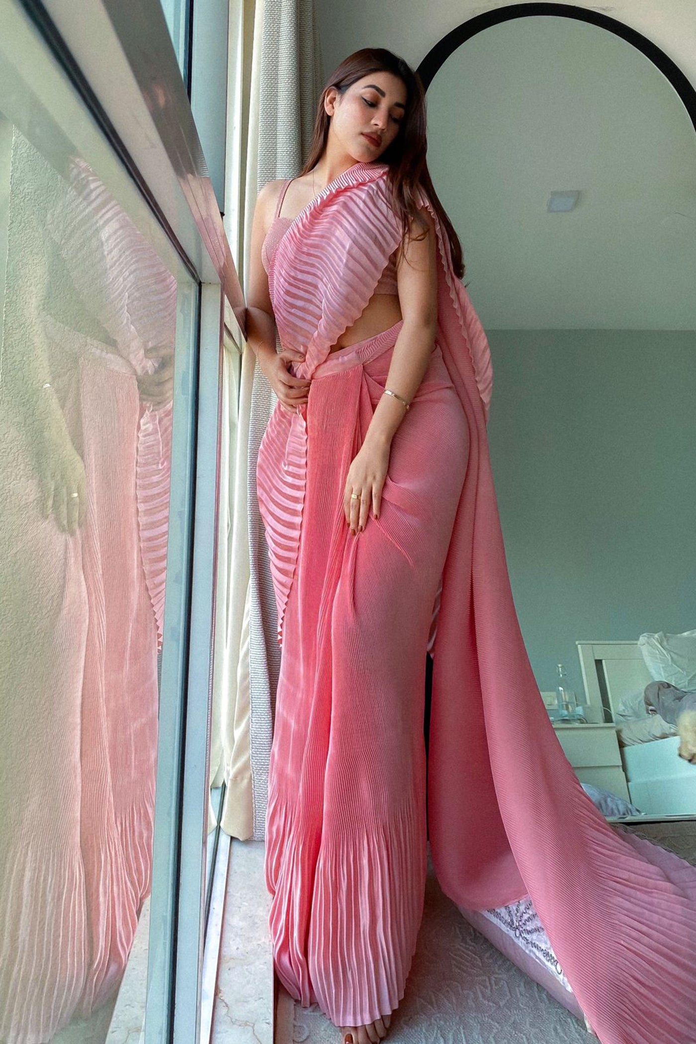 Light Pink Pleated Italian Silk Pre-Stitched Saree