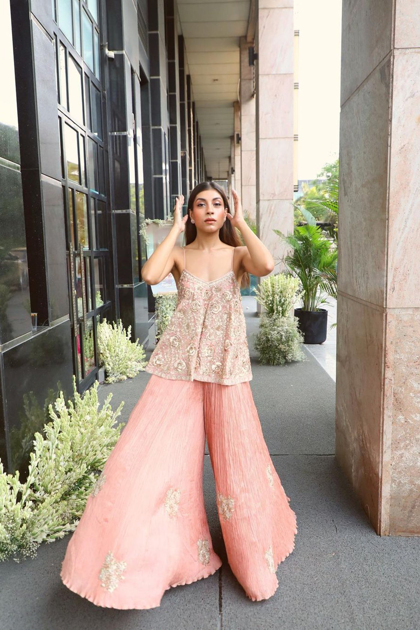 Blush Pink Embroidered Peplum Sharara Set