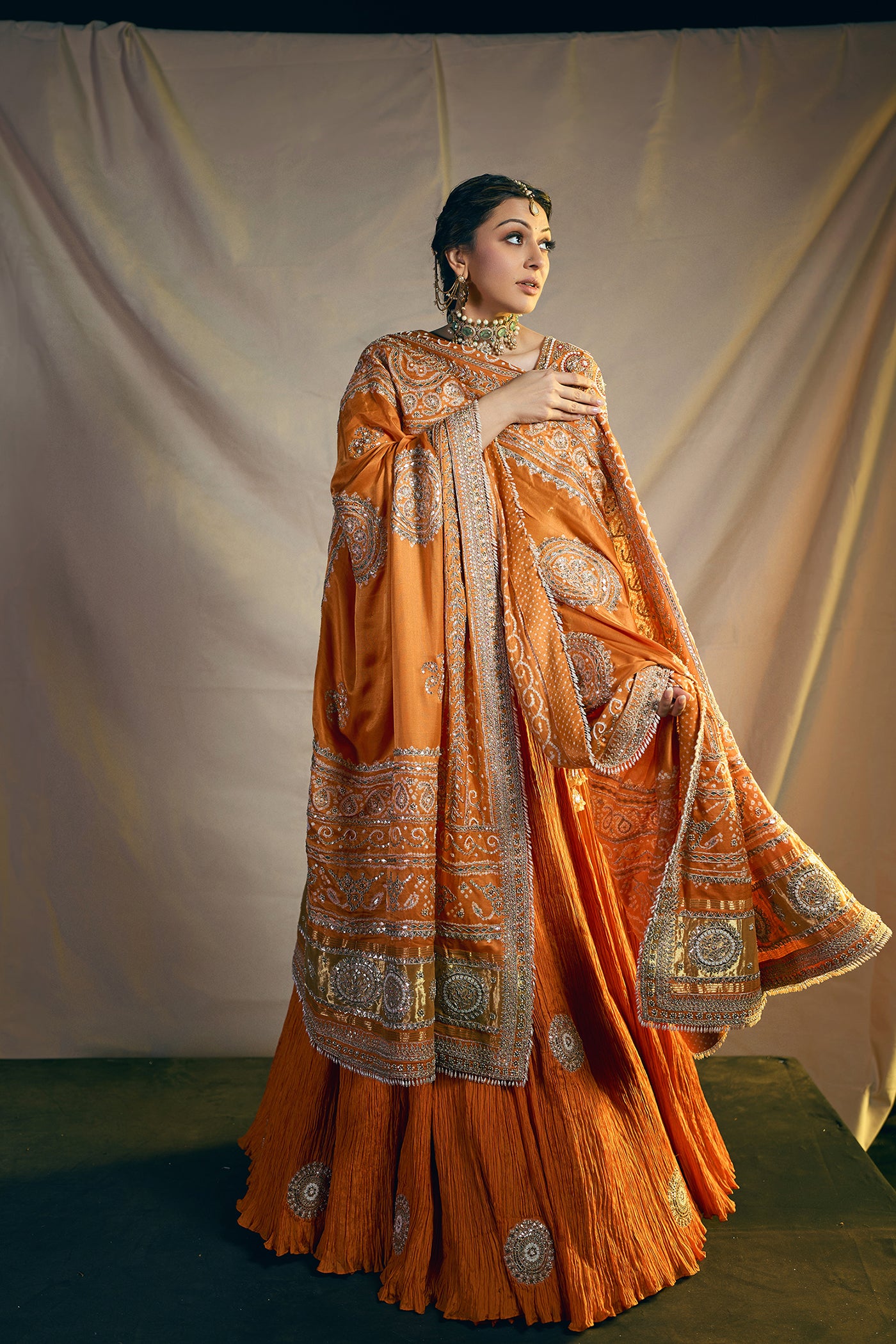 BURNT ORANGE CRUSHED SILK LEHENGA SET