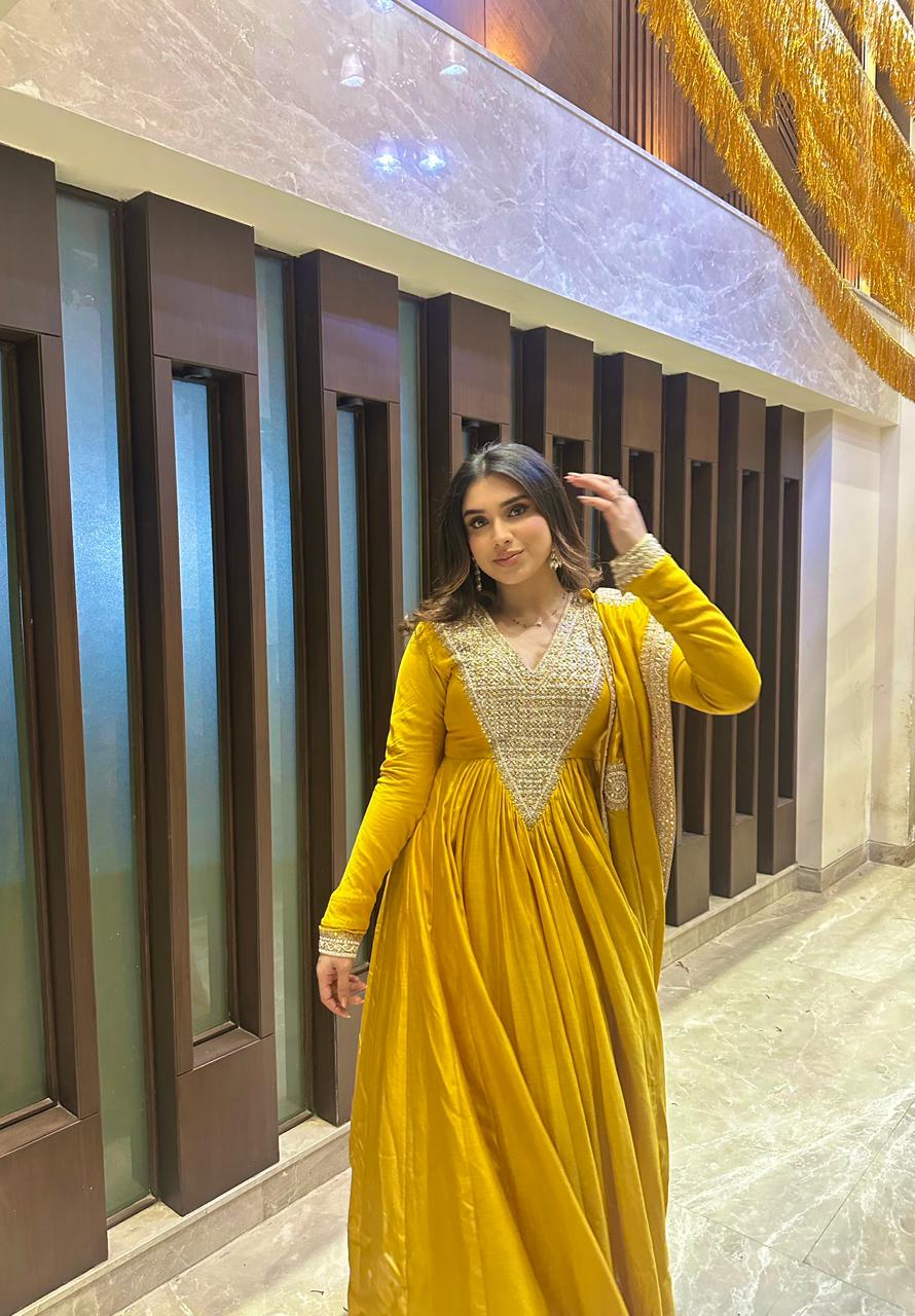 ASNA OBEROI In Yellow chanderi silk anarkali set