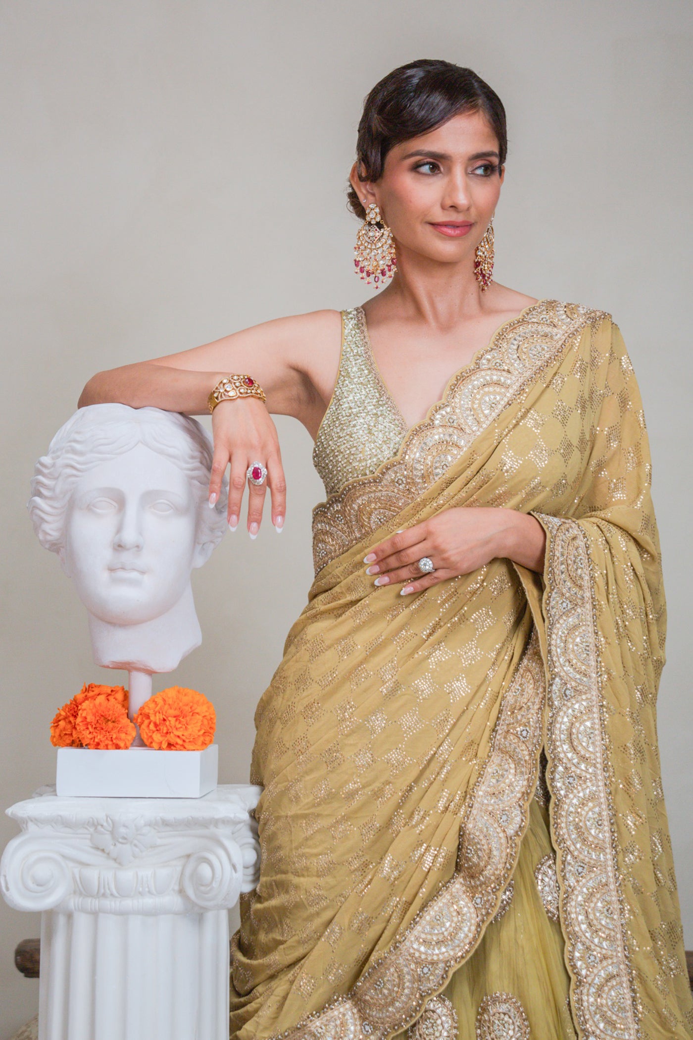 Green Crushed Net Lehenga Saree Set