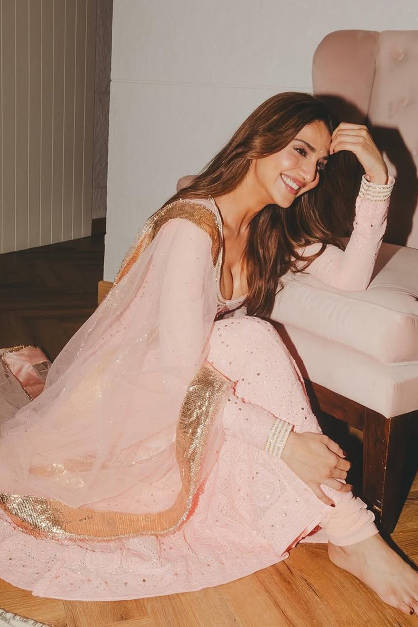 Blush Pink Chikan anarkali Set with net mukaish Dupatta