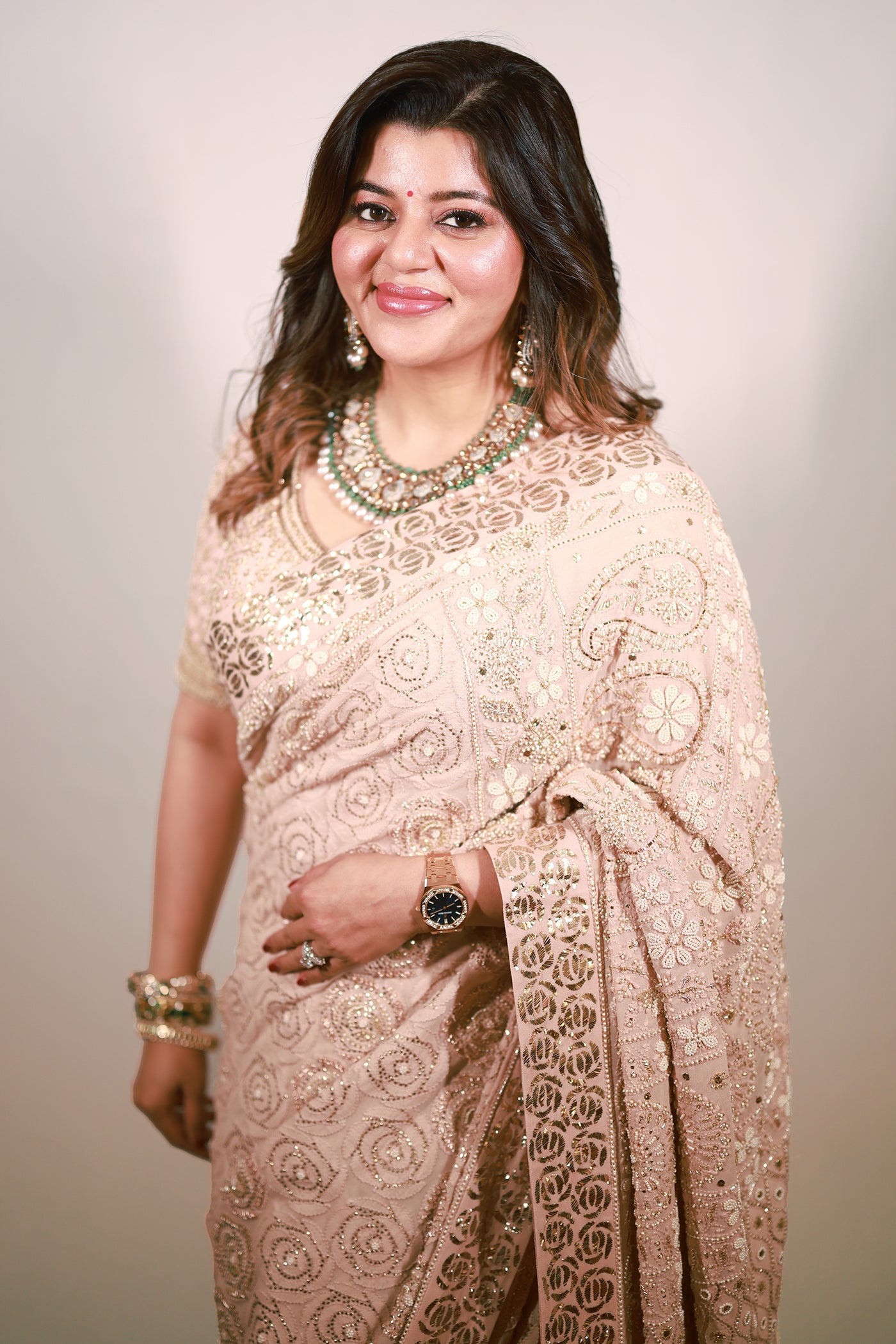 IVORY PINK OMBRE GEORGETTE CHIKANKARI SAREE SET