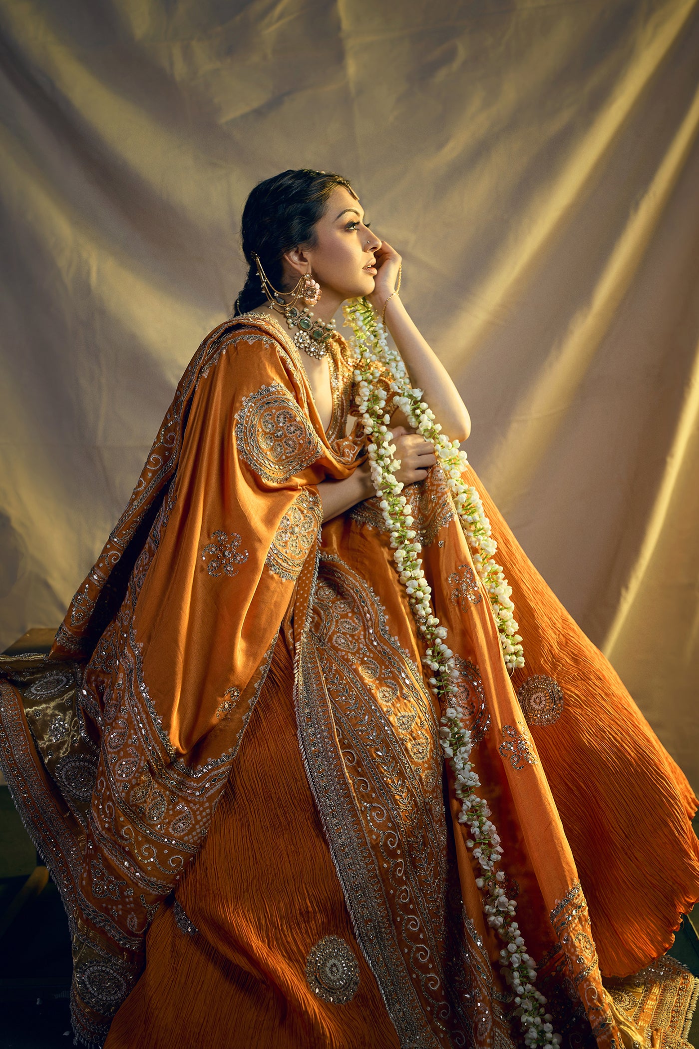 BURNT ORANGE CRUSHED SILK LEHENGA SET