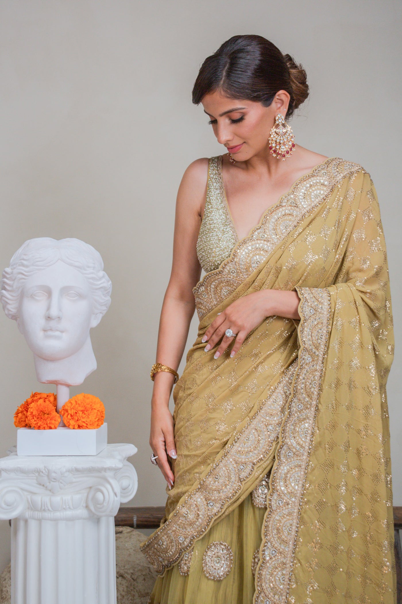 Green Crushed Net Lehenga Saree Set