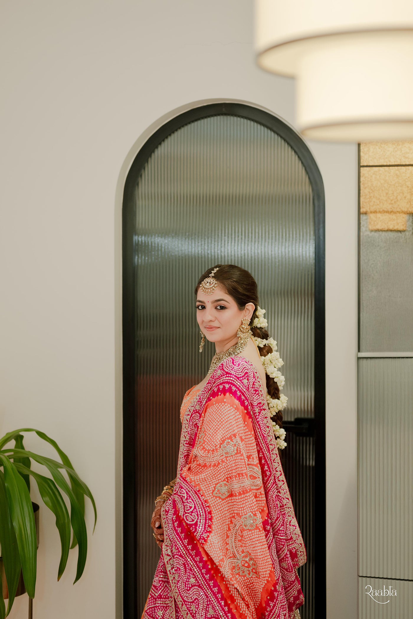 Orange Circle Bandhani Butta Work Gajji Silk Lehenga Set