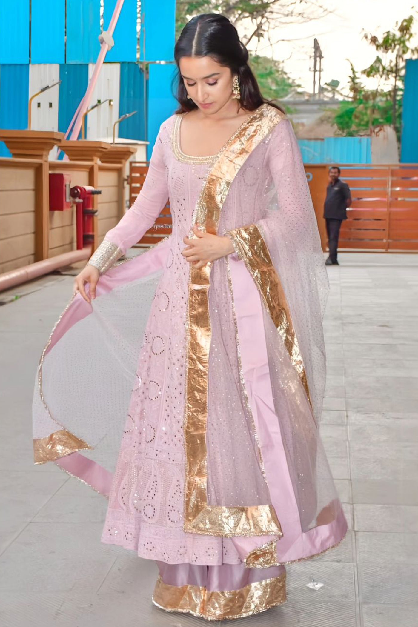 Blush Pink Chikan anarkali Set with net mukaish Dupatta