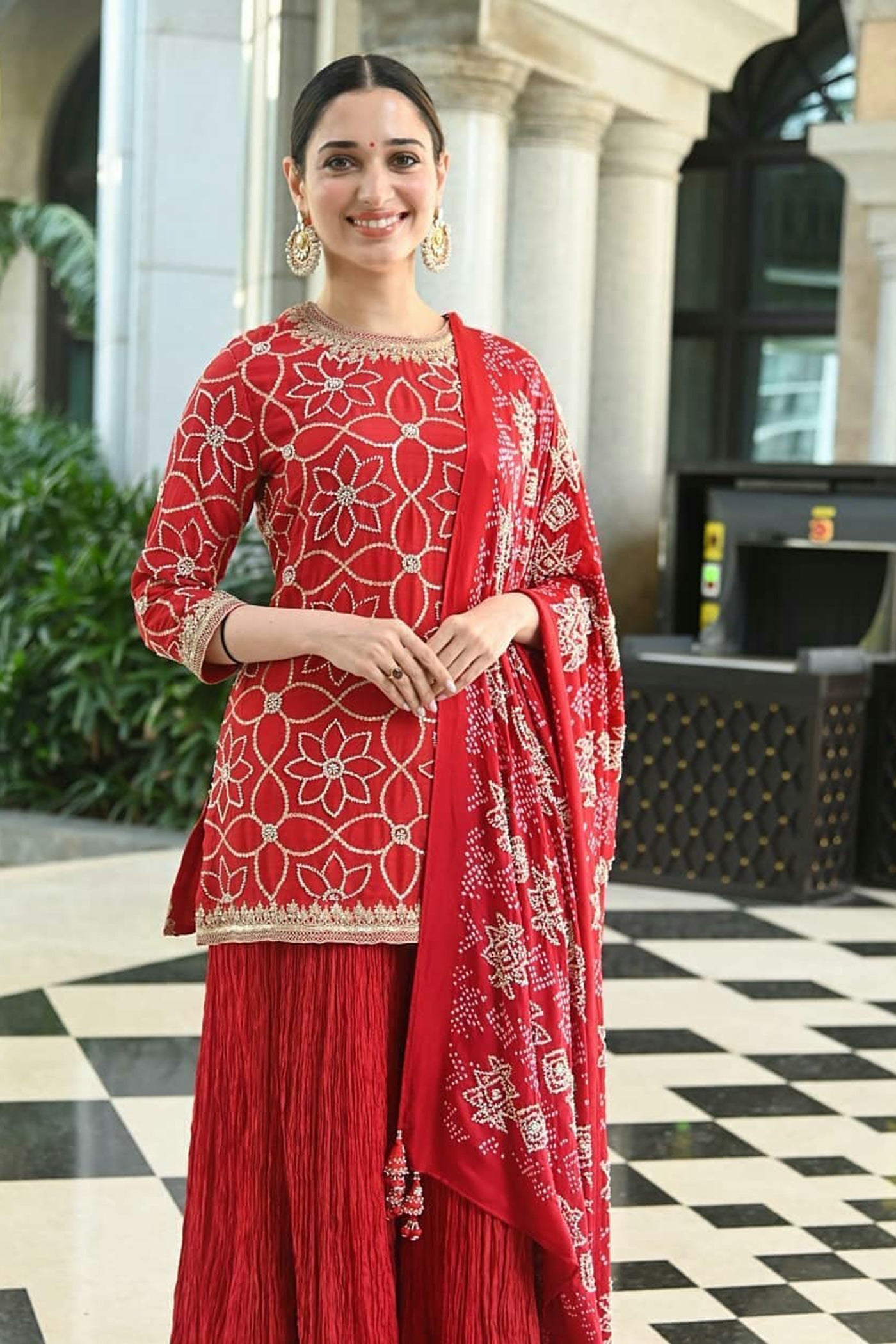 Red Silk Crushed Sharara Set