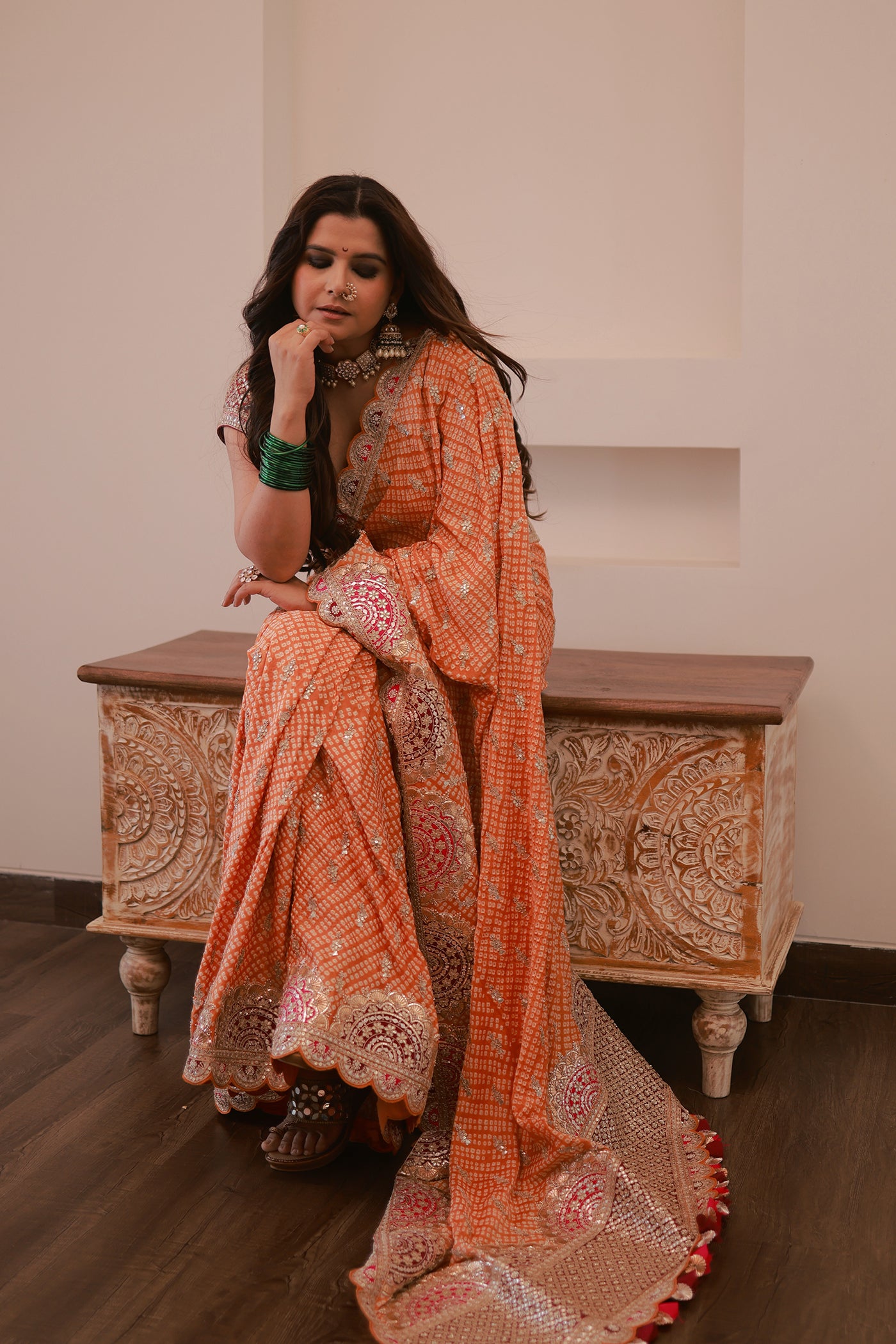 Orange Gajji Silk Bandhani Saree Set