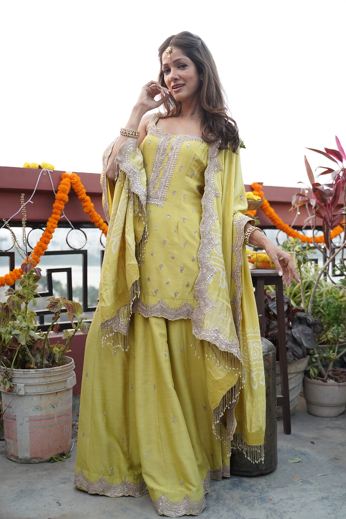 GREEN TUSER SILK MARODI GOTA WORK SHARARA SET