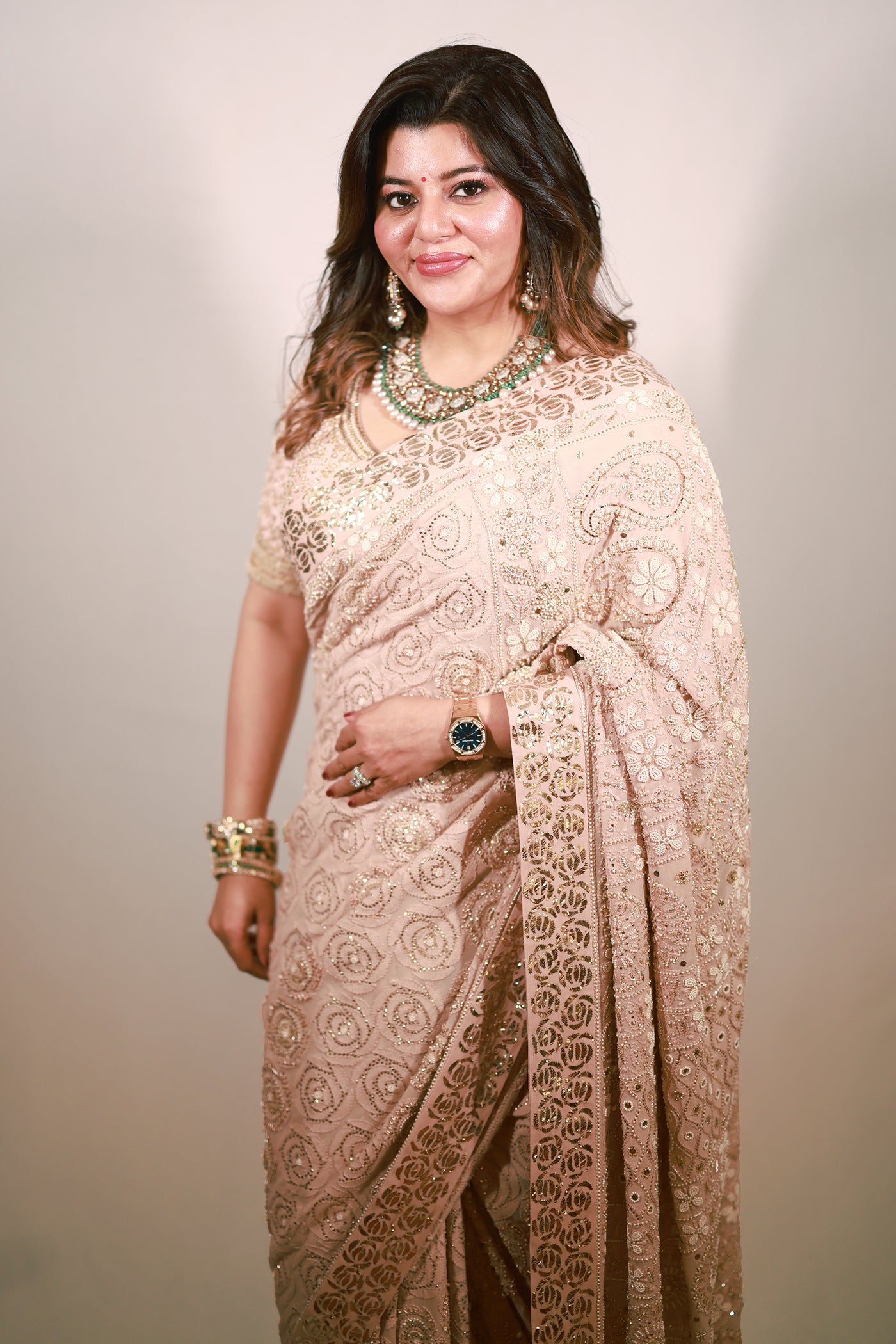 IVORY PINK OMBRE GEORGETTE CHIKANKARI SAREE SET