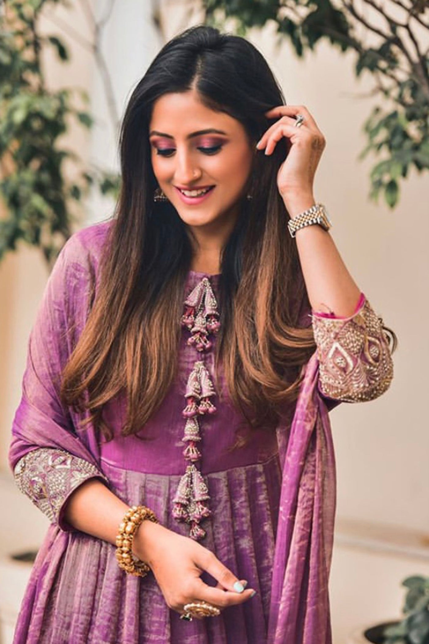 Purple tissue chanderi Anarkali Set