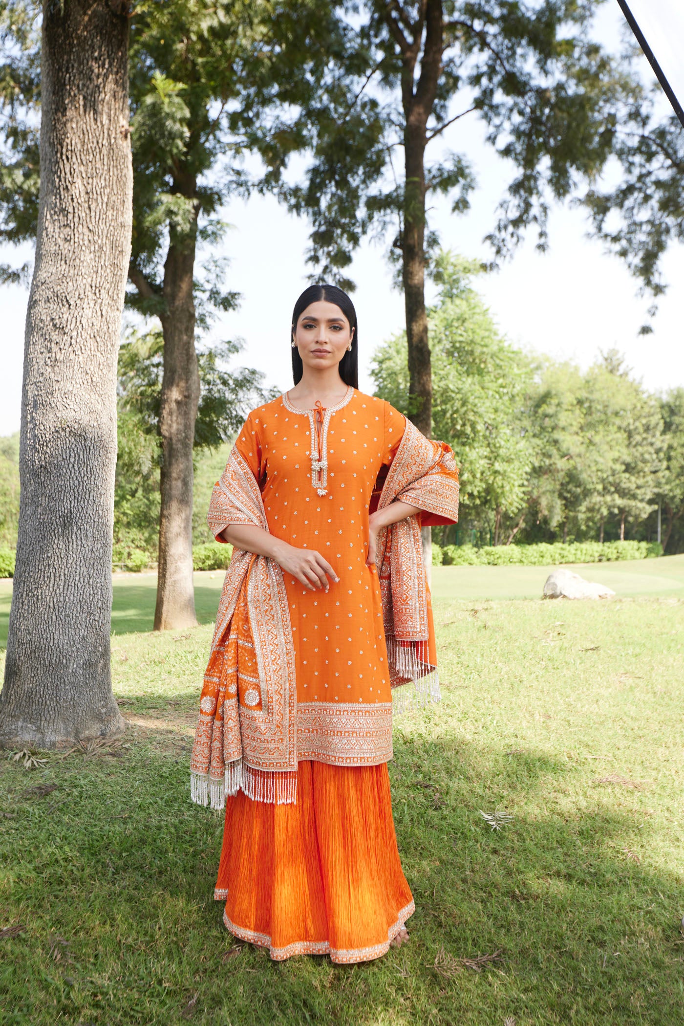 Orange Kurta Sharara Set with Embroidered Dupatta