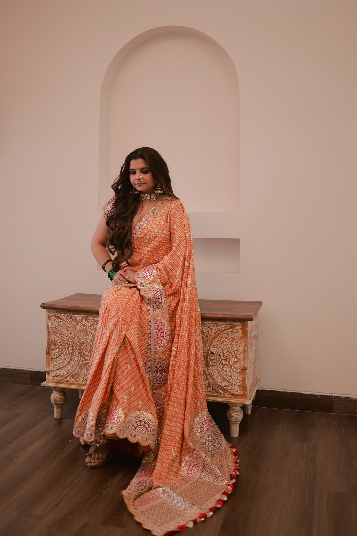 Orange Gajji Silk Bandhani Saree Set