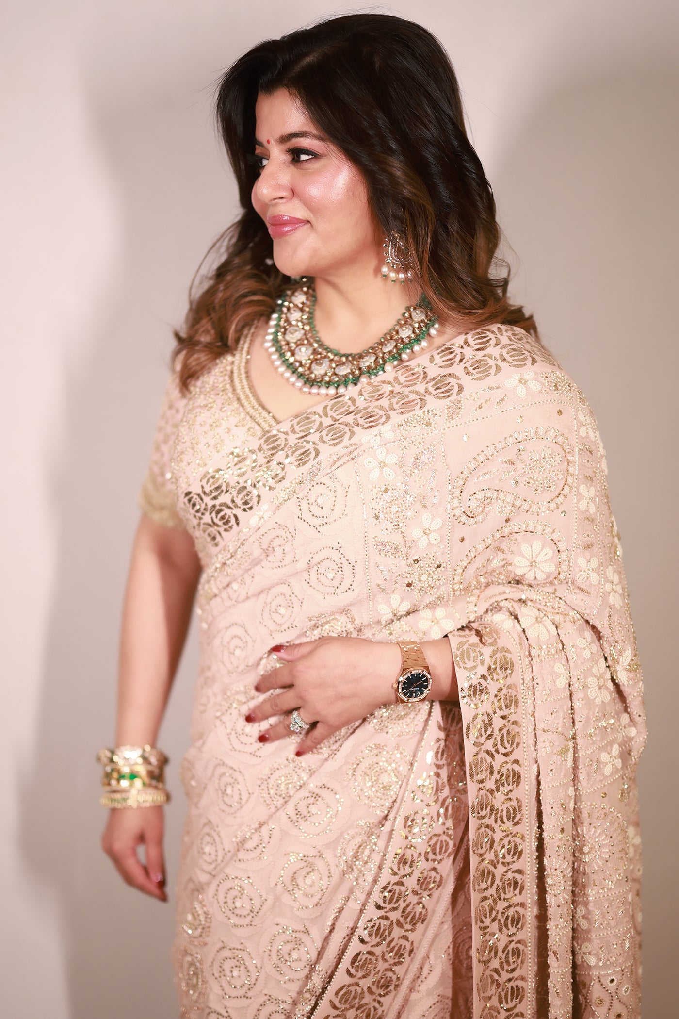 IVORY PINK OMBRE GEORGETTE CHIKANKARI SAREE SET