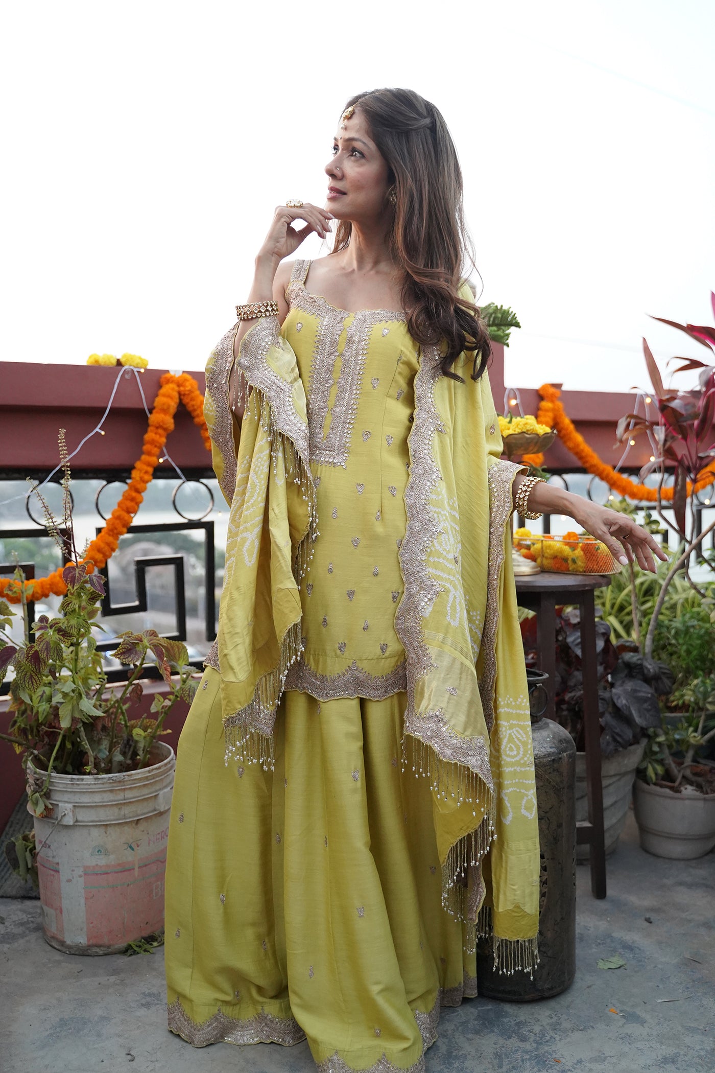 GREEN TUSER SILK MARODI GOTA WORK SHARARA SET