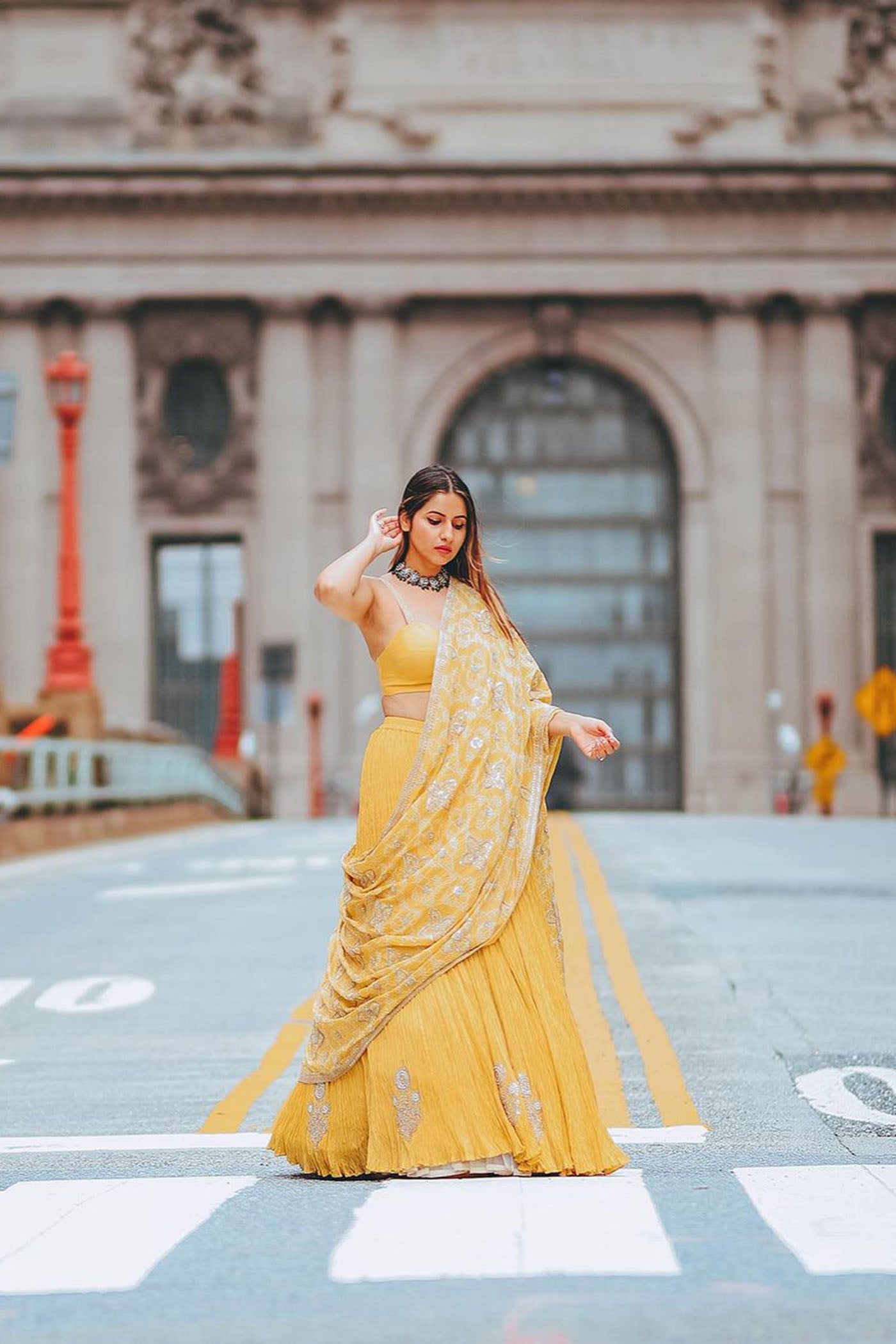 Butter Yellow Crushed Silk Lehenga Set