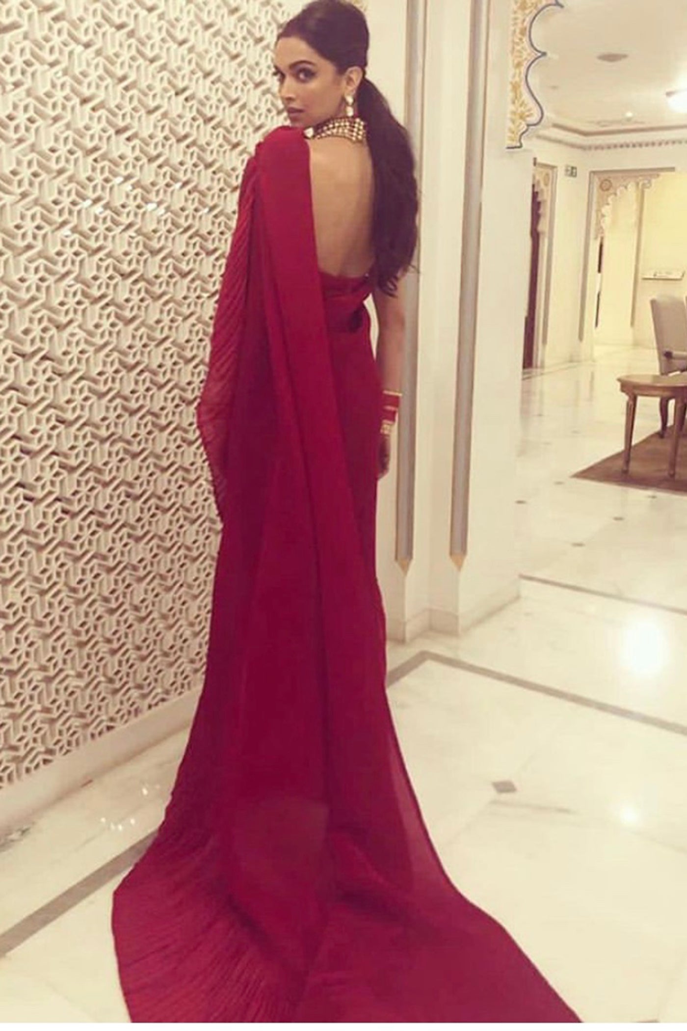 Red Pleated Italian Silk Pre-Stitched Saree