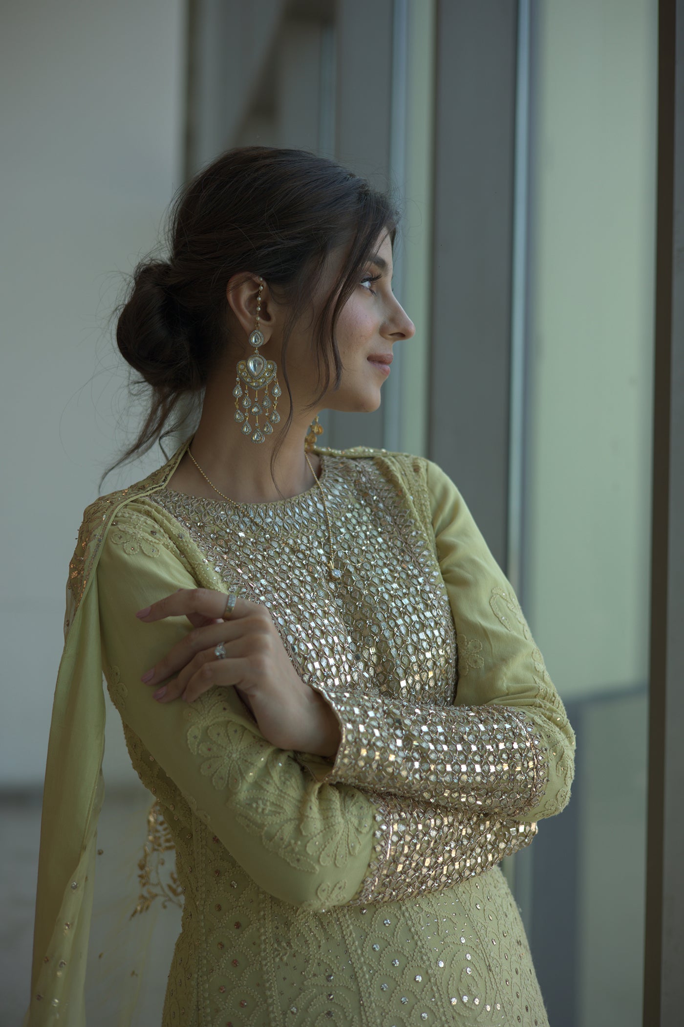 Pista Green Georgette Lucknowi Anarkali Set