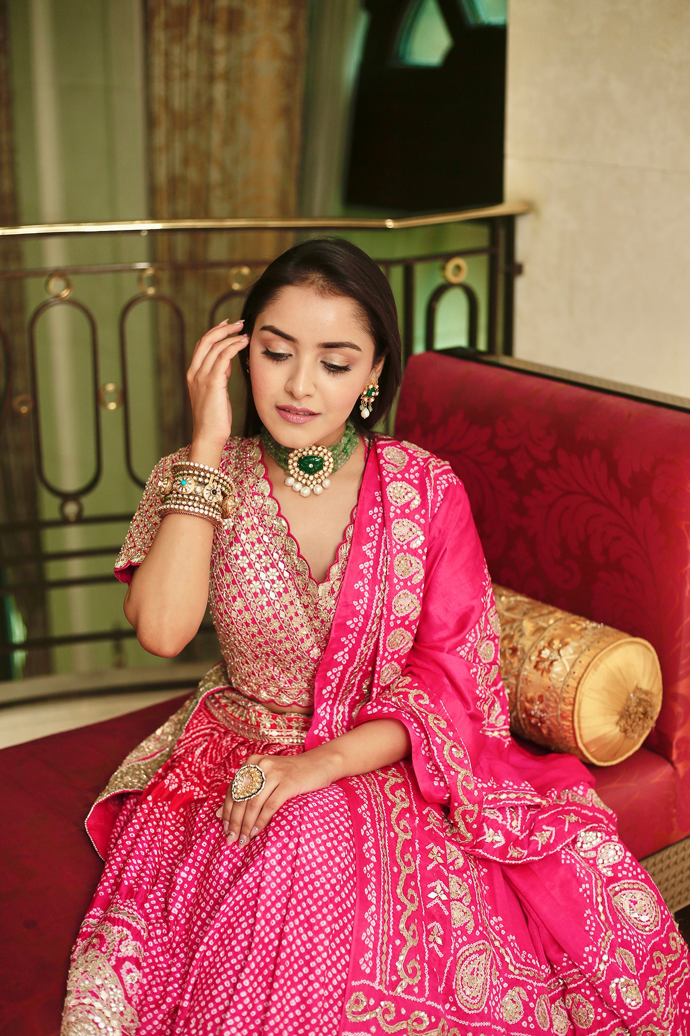 Pink Silk Embroidered Bandhni Lehenga Set