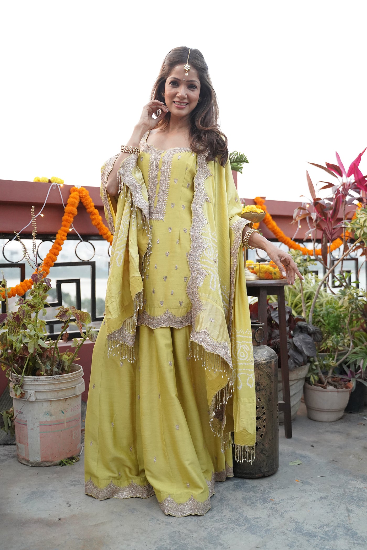 GREEN TUSER SILK MARODI GOTA WORK SHARARA SET