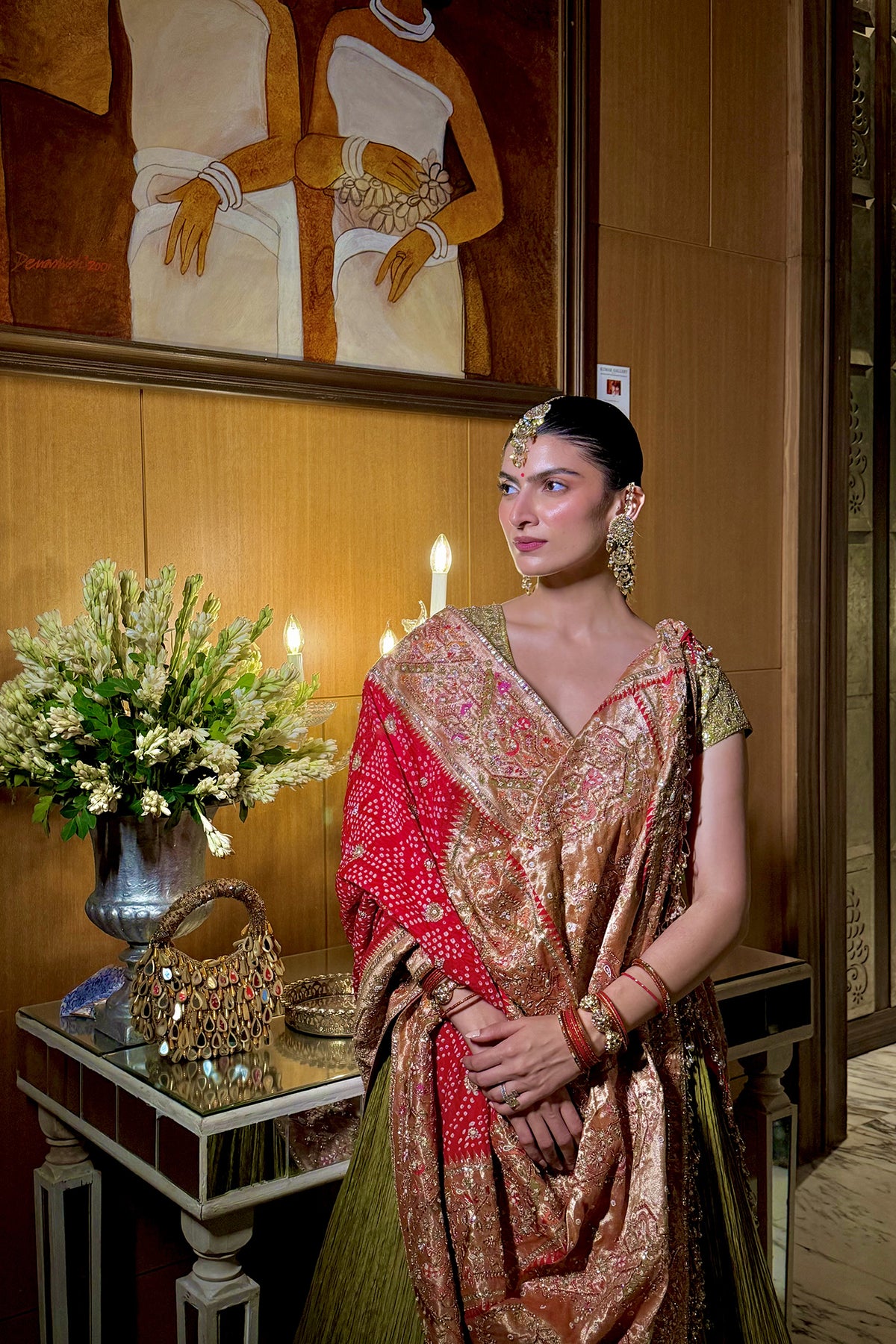 Seher Kochar In Mehndi Noor Lehenga with Red Paithani Bandhani Dupatta