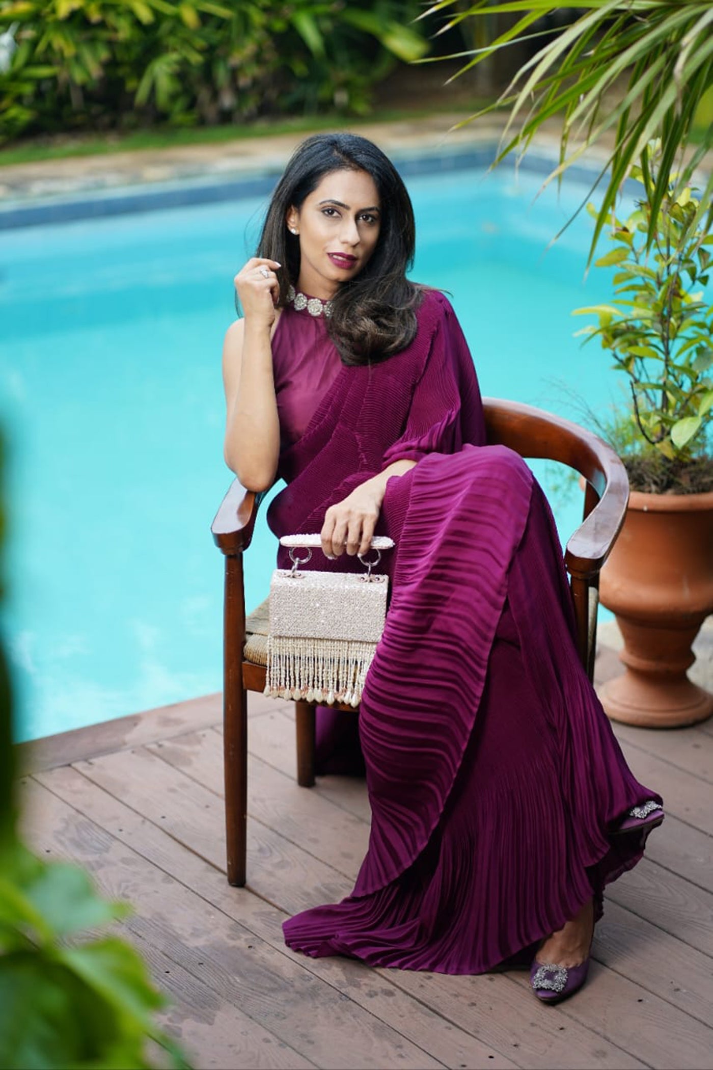 Wine Pleated Pre-Stitched Saree