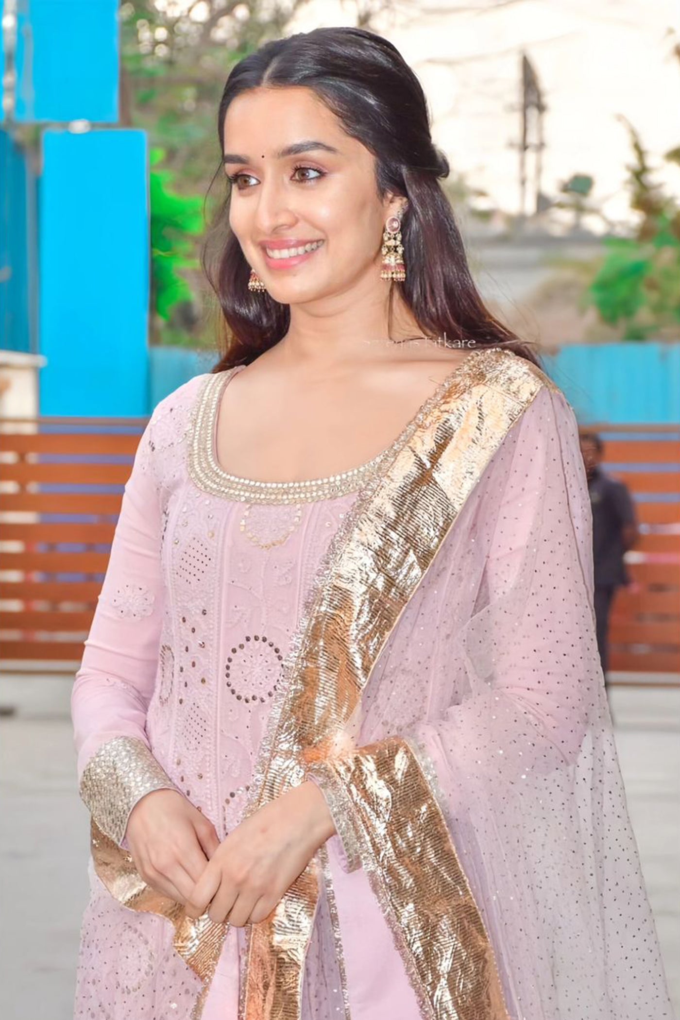 Blush Pink Chikan anarkali Set with net mukaish Dupatta