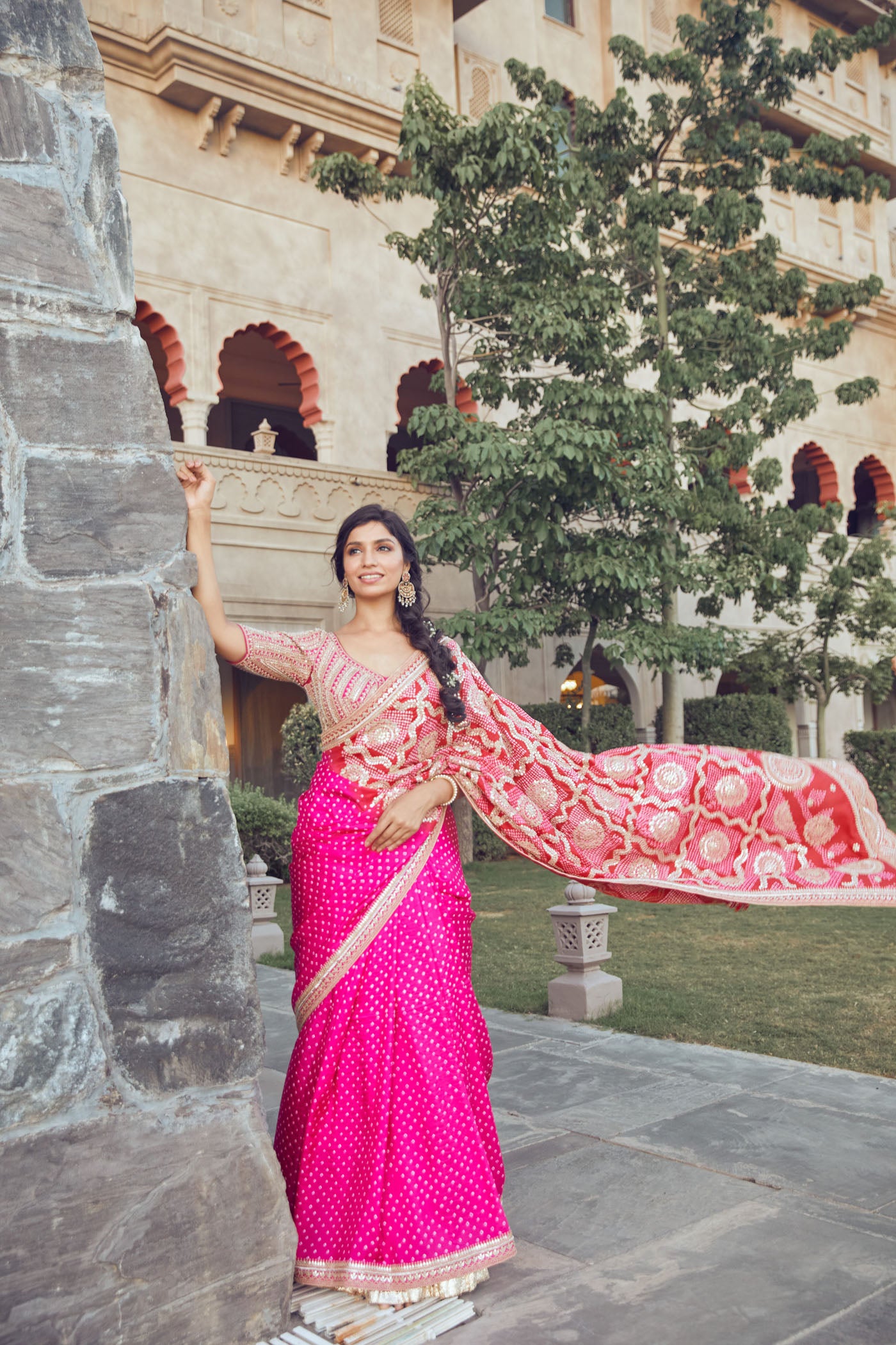 Fuchsia-red Bandhani Saree