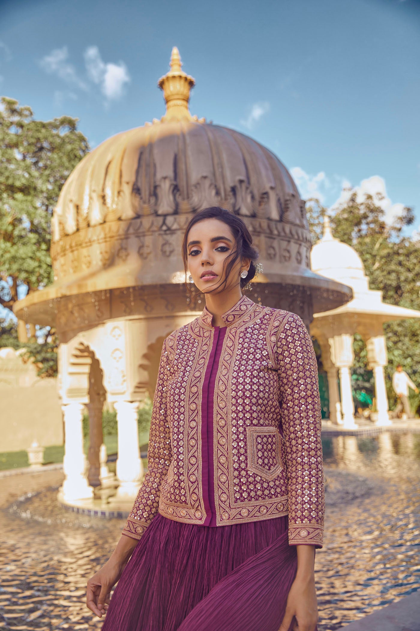 Wine Embellished Jacket With Crushed Skirt