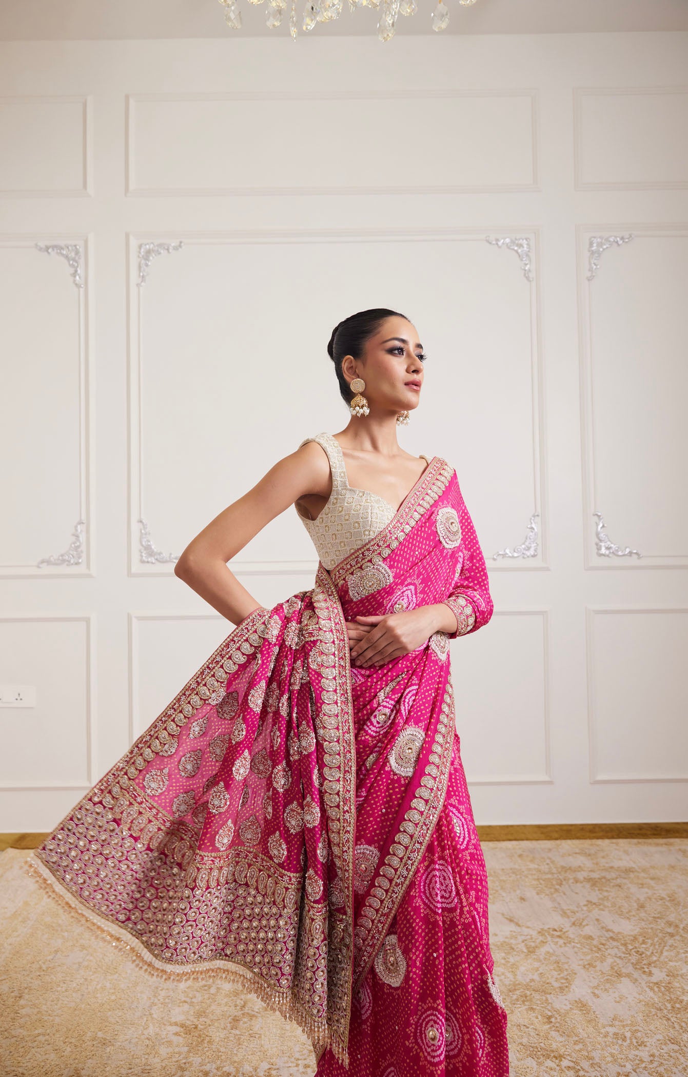 pink bandhani saree set