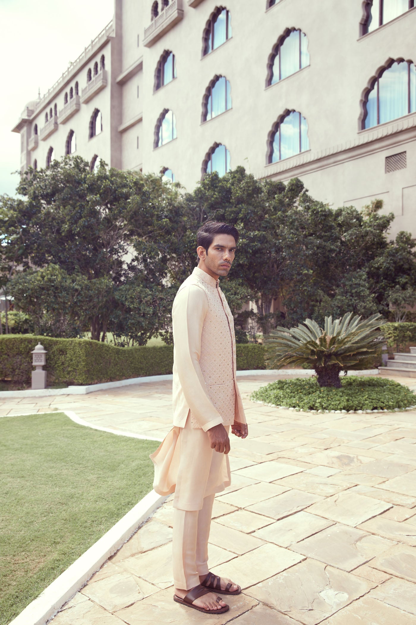 Beige kurta set with chikankari jacket