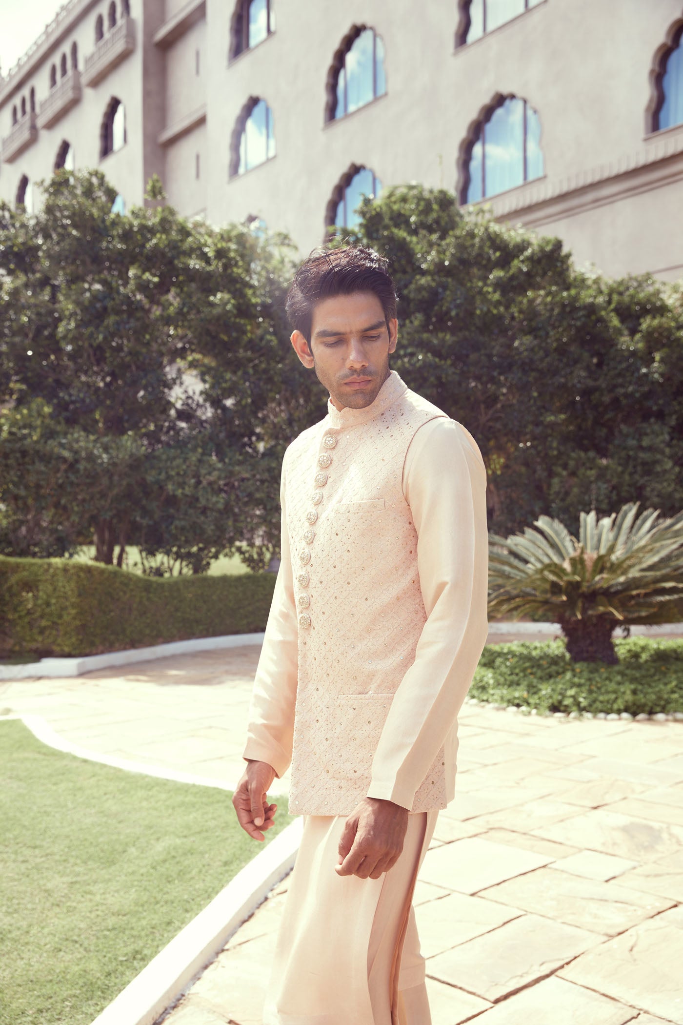 Beige kurta set with chikankari jacket