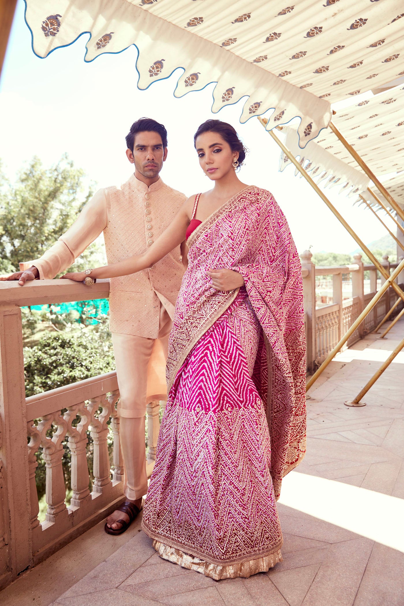 Pink embroidered bandhani saree