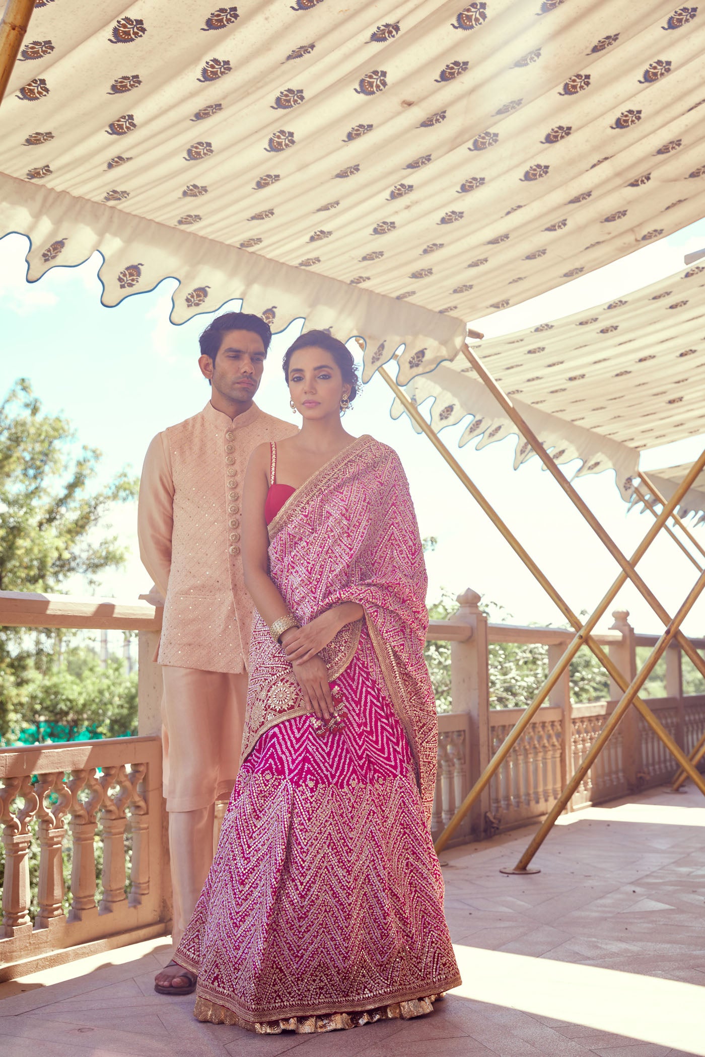 Pink embroidered bandhani saree