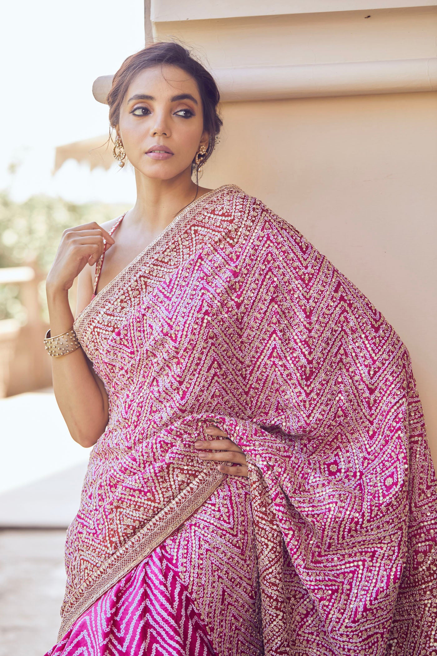 Pink embroidered bandhani saree