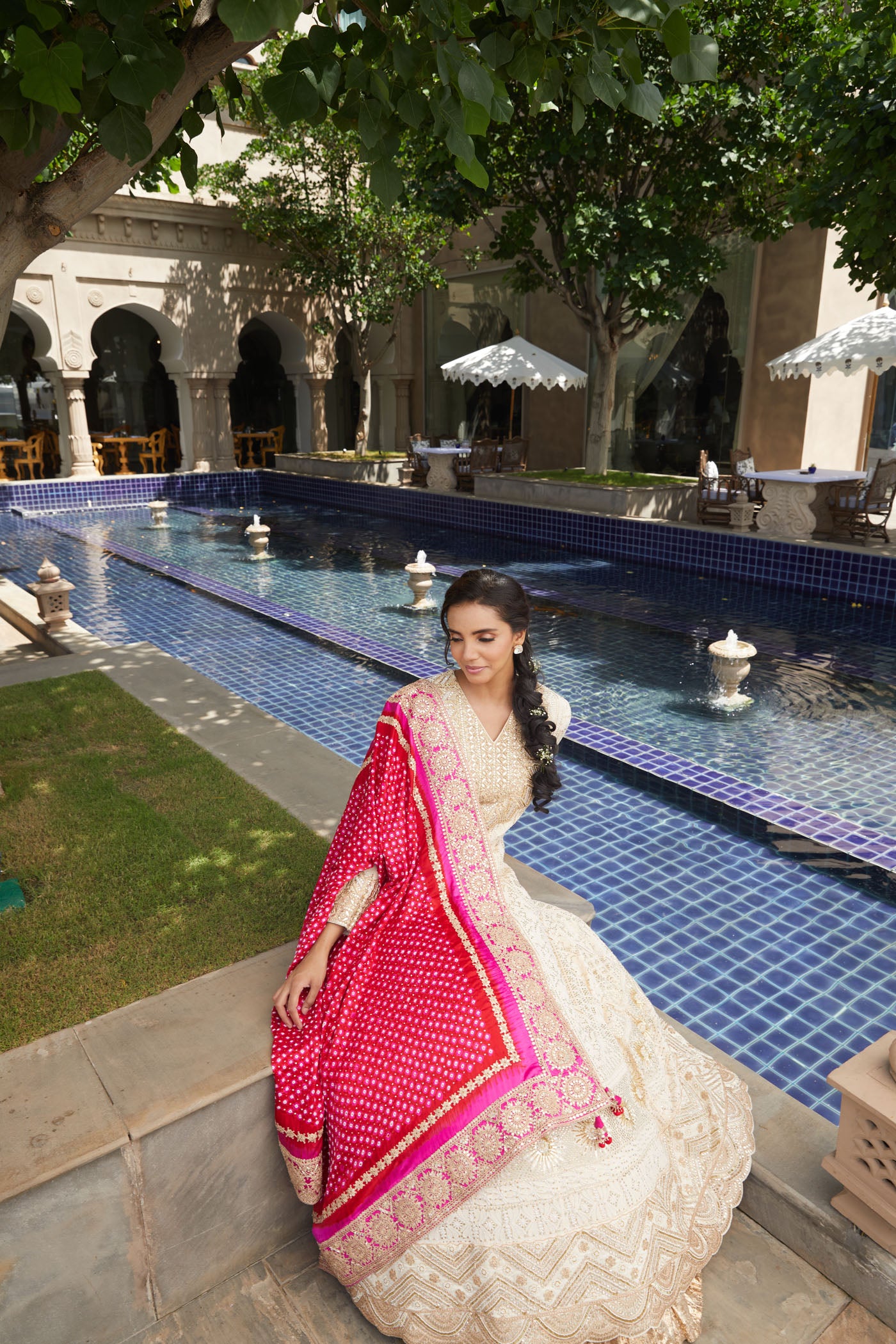 Ivory chikankari Anarkali With Pink Bandhani Dupatta