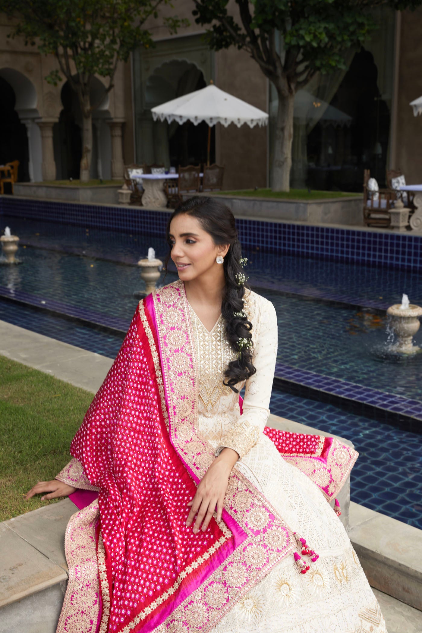 Ivory chikankari Anarkali With Pink Bandhani Dupatta