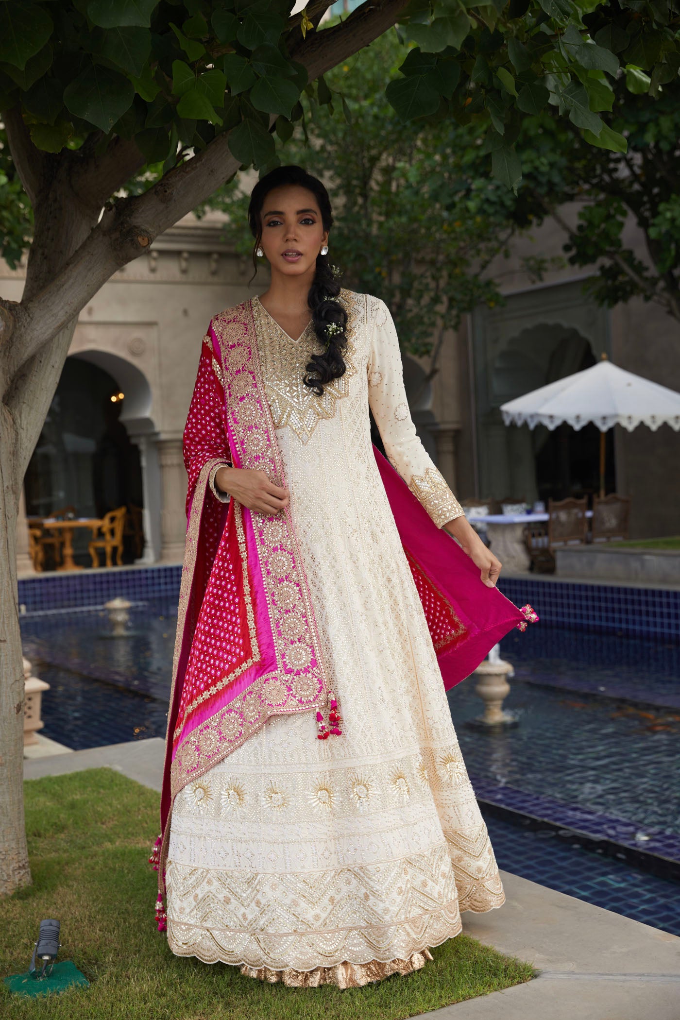 Ivory chikankari Anarkali With Pink Bandhani Dupatta